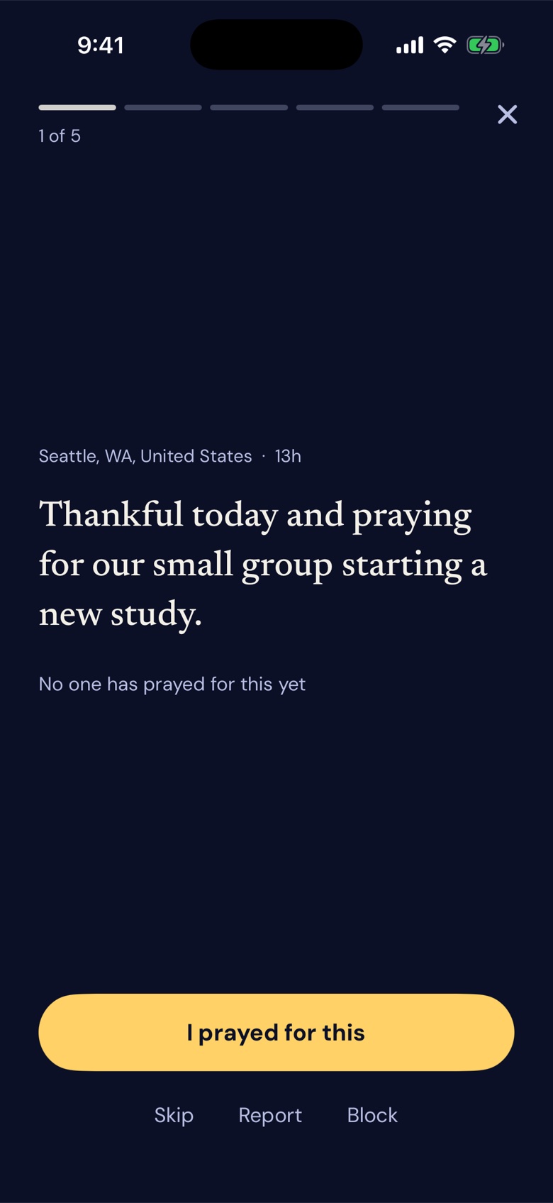 The pray-through: one prayer at a time with a progress bar.